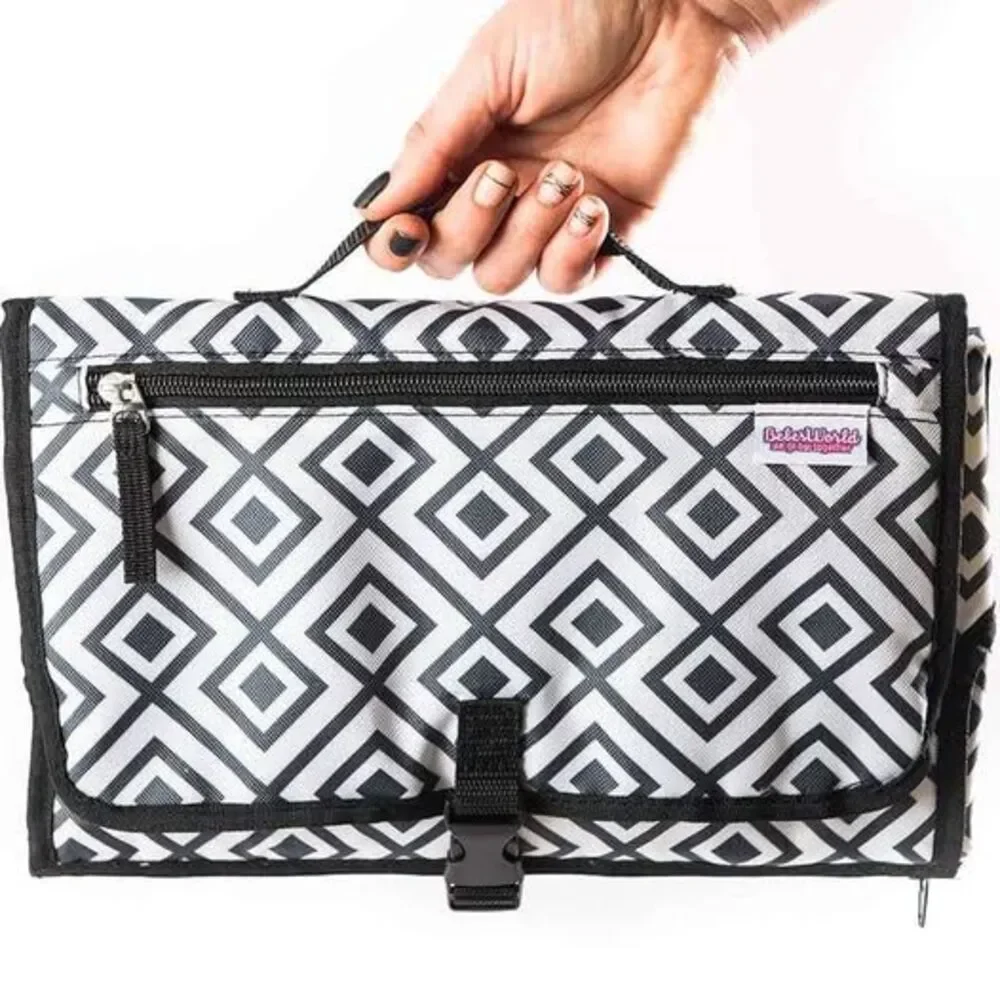 Portable Baby Changing Pad w/ Head Pillow + Binky Case & Baby Cream – Grey/Black